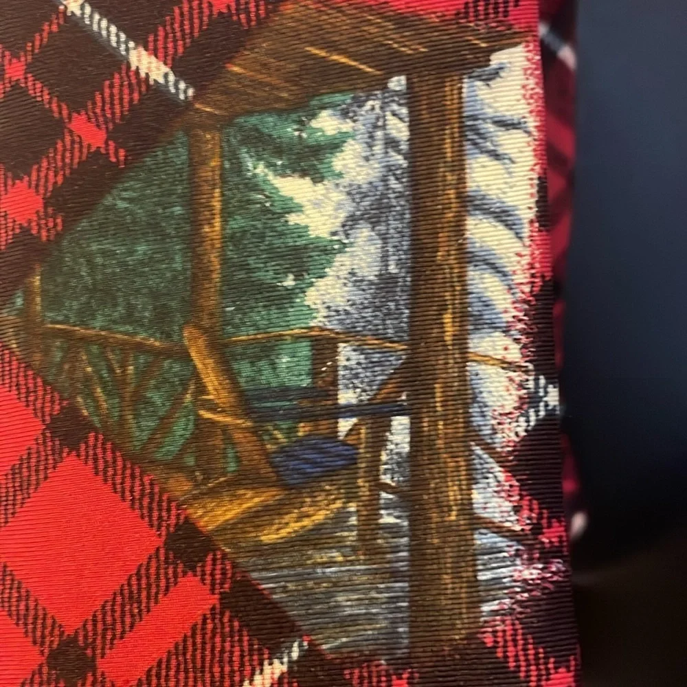 Structure Silk Italian Fabric Vintage Red Plaid Cabin in Woods Necktie Tie